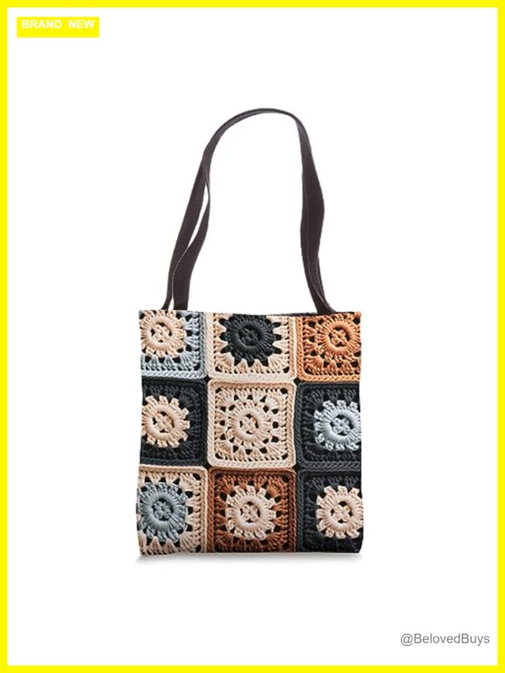 Boho Granny Square Pattern Tote Bag with Cotton Webbing Handles